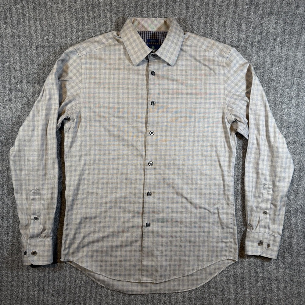 Egara Mens Non Iron‎ Slim Fit Shirt M Gray Plaid Stretch Button Down